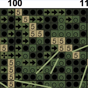 May include: Close-up of a cross-stitch pattern with a grid of green, tan, and black squares. The numbers "100" and "110" are at the top. The pattern includes arrows, circles, and the number "5".