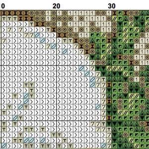 May include: A pixel art pattern with a white background and a green, brown, and black design on the right side. The design is made up of various shapes, including triangles, squares, and circles.