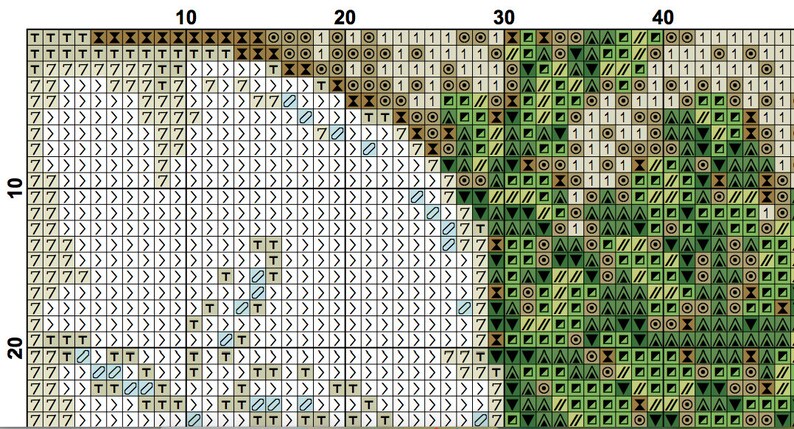 May include: A pixel art pattern with a white background and a green, brown, and black design on the right side. The design is made up of various shapes, including triangles, squares, and circles.