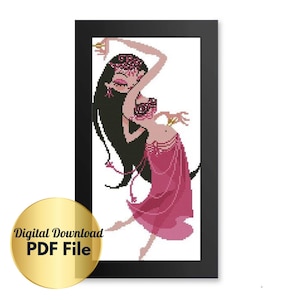 Puede incluir: Un archivo PDF descargable para un patrón de punto de cruz de una mujer bailando con un traje rosa y negro. La mujer tiene el pelo largo y negro y lleva un traje rosa y negro con una máscara negra para los ojos. El fondo es blanco.