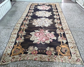 Vintage Floral Karabakh Kilim Rug: Oversize Antique Style Carpet (6.20 X 12.14 ft)