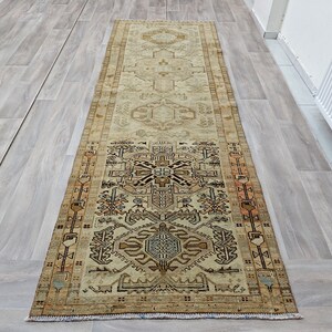 3x10 Heriz Turkish Runner, Natural Vintage Runner for Hallway, 3x10 Turkish Runner, Antique Rug, 3.4x9.7 feet,