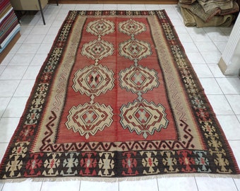 Oversize Vintage Turkish Kilim Rug: Large Boho Area Rug (7.22 x 12.63 ft)