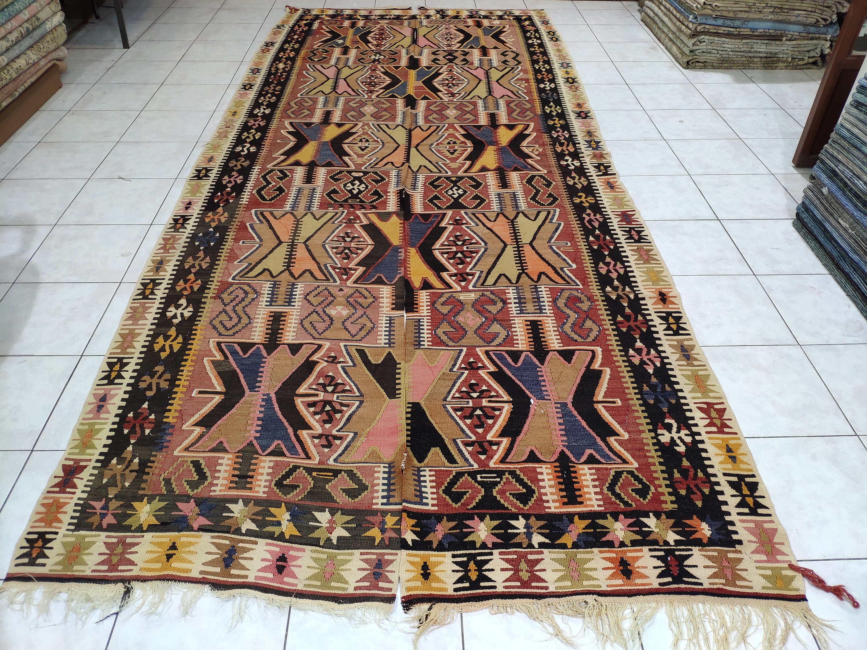 大型ヴィンテージトルコキリムラグ：手織りウール、6 x 13フィート