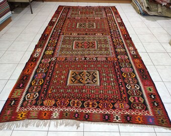 Antique Turkish Kilim Rug: Handwoven Nomadic Carpet (5.71 x 12.27 ft)