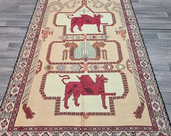 Antique Caucasian Soumak Rug: Handmade Silk Animal Design (3.9x6.2 ft)