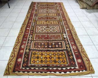 Vintage Turkish Kilim Rug: 4.92 x 11.06 ft, Handmade Area Rug