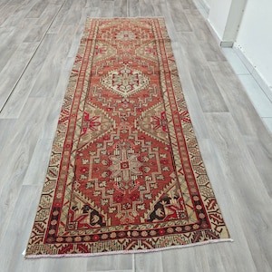 3x10 Heriz Turkish Runner, Neutral Vintage Runner for Hallway, 3x10 Turkish Runner, Antique Rug, 3.1x9.5 feet,