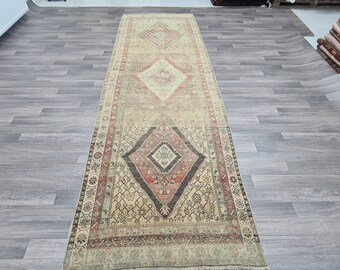 ヴィンテージ手織りトルコ製ランナーラグ：オレンジ幾何学模様ウール