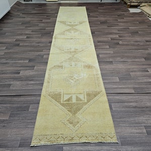 3x14 Extra Long Runner Rug, 2.7x13.7 feet, Geometric Design Turkish Oushak Runner Rug, 3x14 Vintage Runner Rug, Anatolian Wool Runner Rug