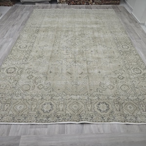 Faded Neutral Oushak Rug 8x11: Vintage Anatolian Wool Area Rug