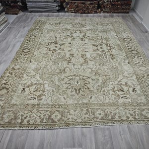 8x11 Vintage Oushak Rug: Neutral Turkish Wool Area Rug