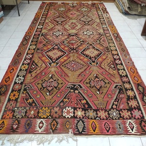 Large Vintage Kilim Rug, 6,73 X 14,86 feet, Anatolian Kilim Rug, Adana Kilim Rug, Kilim Rugs for Livingroom