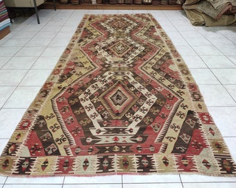 Vintage Turkish Kilim Rug: Handwoven Nomadic Carpet (4.92 X 12.37 feet)