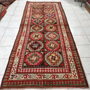 Genje Caucasian Carpet , 4,27 X 10,83 feet, Rustic Boho Rug | Wool Rug | Antique Caucasian Rug | Handknotted Rug