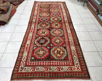 Genje Caucasian Carpet , 4,27 X 10,83 feet, Rustic Boho Rug | Wool Rug | Antique Caucasian Rug | Handknotted Rug