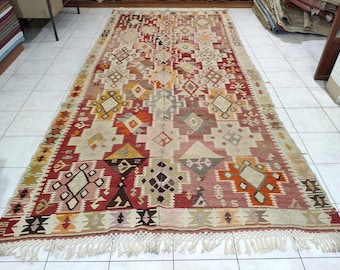 Handmade Vintage Turkish Kilim Rug: 6.40 x 13.12 ft