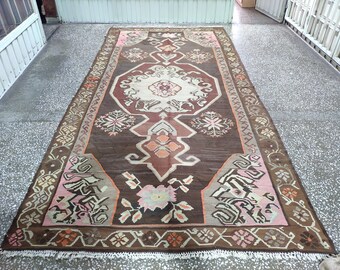 Vintage Floral Karabakh Kilim Rug: Large Handmade Carpet (6.27 X 12.66 ft)