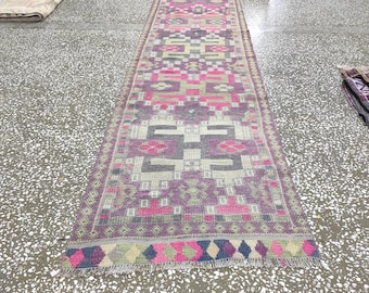 Faded Bohemian Wool Herki Runner Rug: Turkish Vintage Hallway Rug