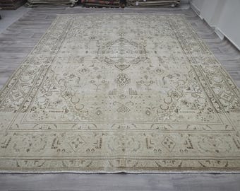 10x13 Vintage Turkish Oushak Rug: Beige Wool Anatolian Carpet