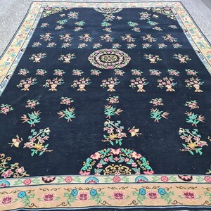 Handknotted 8x11 Persian Wool Rug: Black Vintage Oriental Design