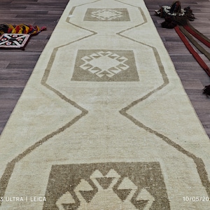 3x15 Vintage Runner, Neutral Turkish Runner, Faded Runner Rug, Oushak Runner Rug, Geometric Runner Rug