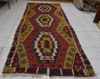 Handmade Vintage Cankırı Kilim Rug: 5.02 x 12.57 ft Turkish Carpet