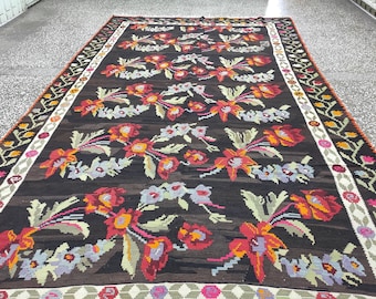 Vintage Karabagh Kilim Rug: Large Turkish Flower Rug (6.40'x12.10' Feet)