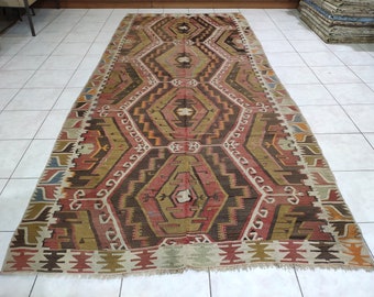 Handmade Vintage Turkish Kilim Rug: 4.95 x 11.55 ft, Nomadic Design