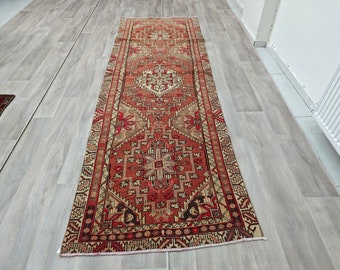 ヴィンテージ手織りトルコ製ランナーラグ：オレンジ幾何学模様ウール