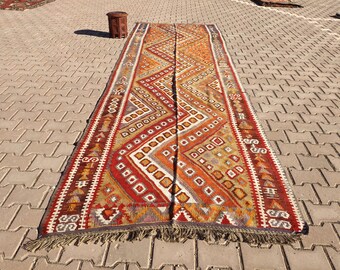 Handmade Vintage Turkish Kilim Rug: 4.46x13.55 ft, Nomadic Design