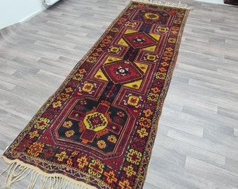 ヴィンテージ手織りトルコ製ランナーラグ：オレンジ幾何学模様ウール