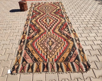 Handmade Vintage Kilim Runner Rug: Turkish Woven Rug (4,69 X 10,96 feet)