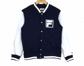 Sudadera vintage Fila con diseño universitario, bloque de color, chaqueta con logo grande, talla LL para mujer