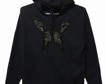 Sudadera con capucha ANNA SUI con logotipo grande y bordado de mariposas, fabricada en EE. UU.