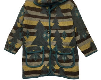 May include: A long-sleeved hooded jacket with a geometric pattern in shades of brown, teal, yellow, and gray. The jacket has a button closure and two large pockets.