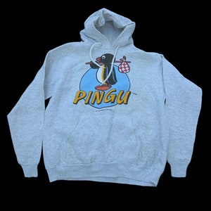Vintage Rare 90s Pingu Cartoon hoodie medium size grey colour