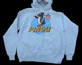 Sudadera con capucha vintage de dibujos animados de Pingu de los años 90, talla mediana, color gris