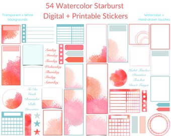 Watercolor Starburst Planner Stickers | 54 Printable Digital Stickers (PNG)
