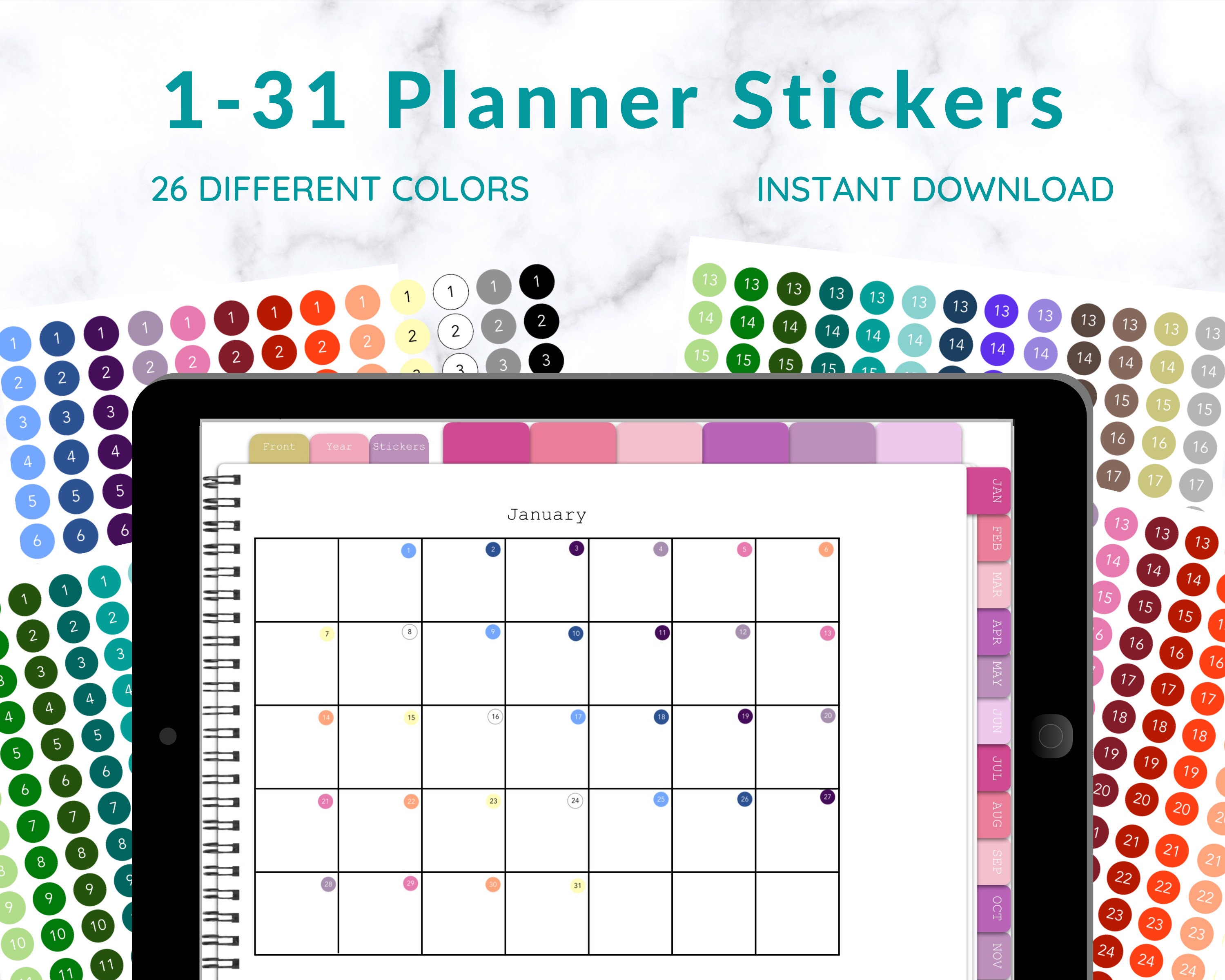 1-31 Number Stickers for Planners and Journals Customizable Goodnotes  Notability iPad Digital & Printable Stickers Digital Download 