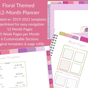 Digital 12-month Planner (UNDATED) | Floral design, Hyperlinked Year (2019, 2020, 2021)/Month/Week Page Templates and BONUS Sticker Book