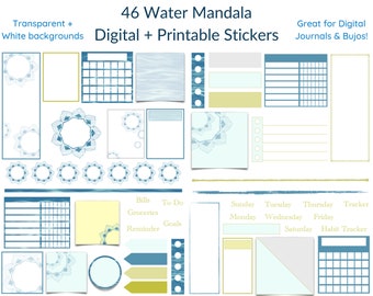 Water Mandala Planner Stickers | 46 Digital + Printable Stickers (PNG)