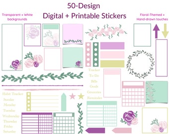 Floral 50-Digital Sticker Pack | Digital + Printable Stickers for Journals, Planners, Notebooks, Gifts & More!