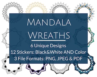 Mandala Wreaths for Journals, Planners, Diaries, Calendars, etc. | Digital & Print | Coloring Stickers
