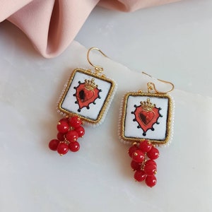 Baroque style Tile Earrings with red stones cluster
