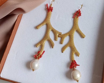 Statement earrings with Gold Coral Branches and Baroque Pearls