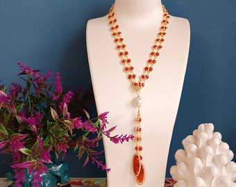 Double chain Necklace with red Chrysoberyl stones and Baroque Pearl