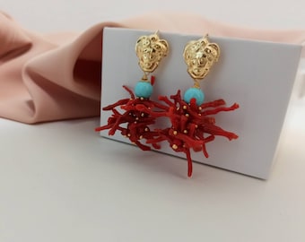 Red Coral branches cluster earrings