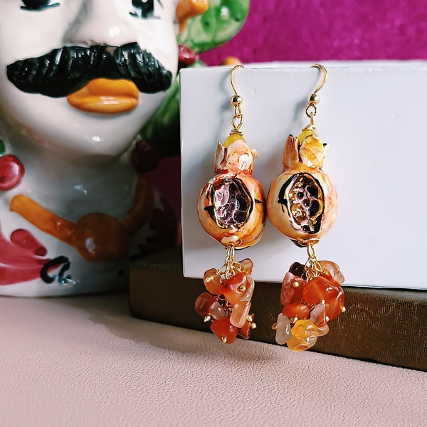 Sicilian Earrings with Ceramic Strawberries and Carnelian chips