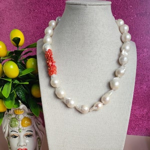 Statement necklace with baroque Pearls and Red Coral branches